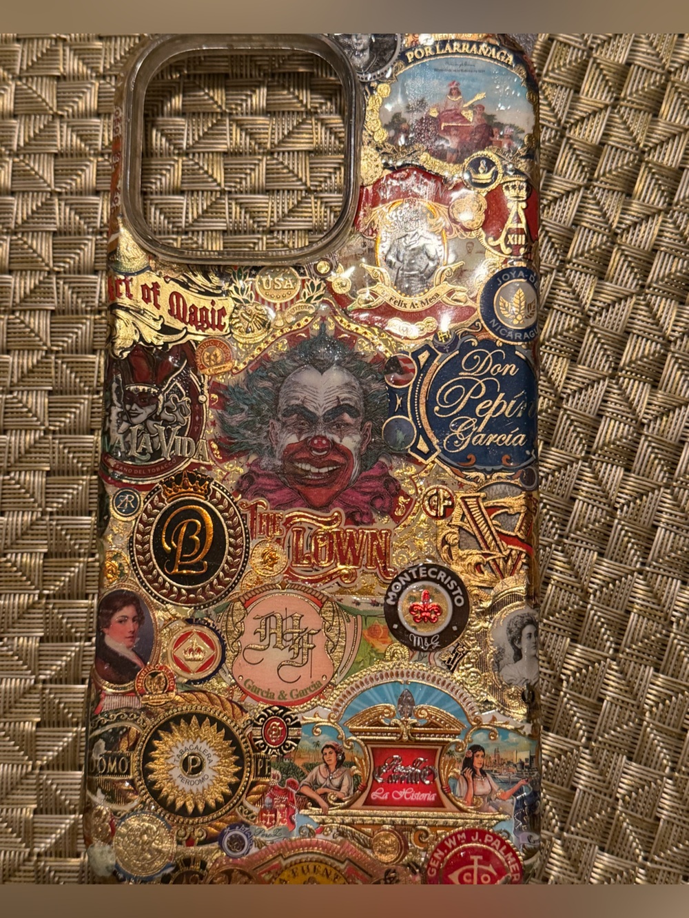 Decorative Clown Collage Gold Accent Phone Case - For the iPhone 16 Pro Max.